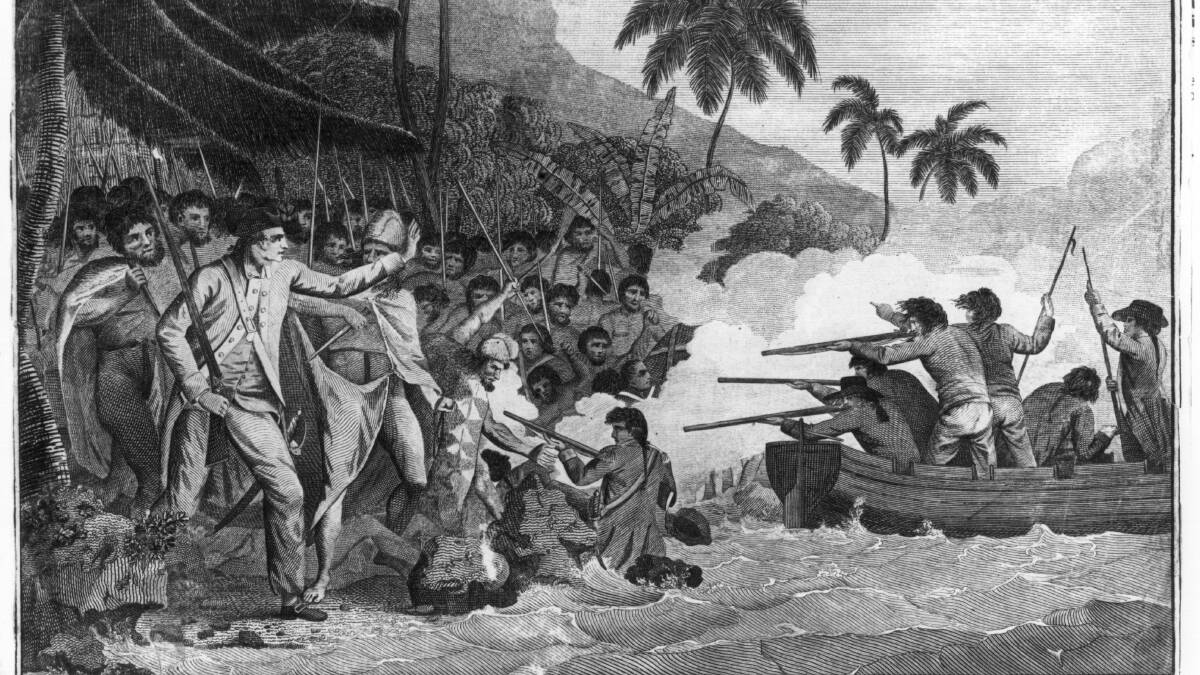 English naval officer, cartographer and explorer James Cook (1728 - 1779), approaching his death during a skirmish at Karakakooa Bay, Owhyhee. Picture: Rischgitz/Getty Images
