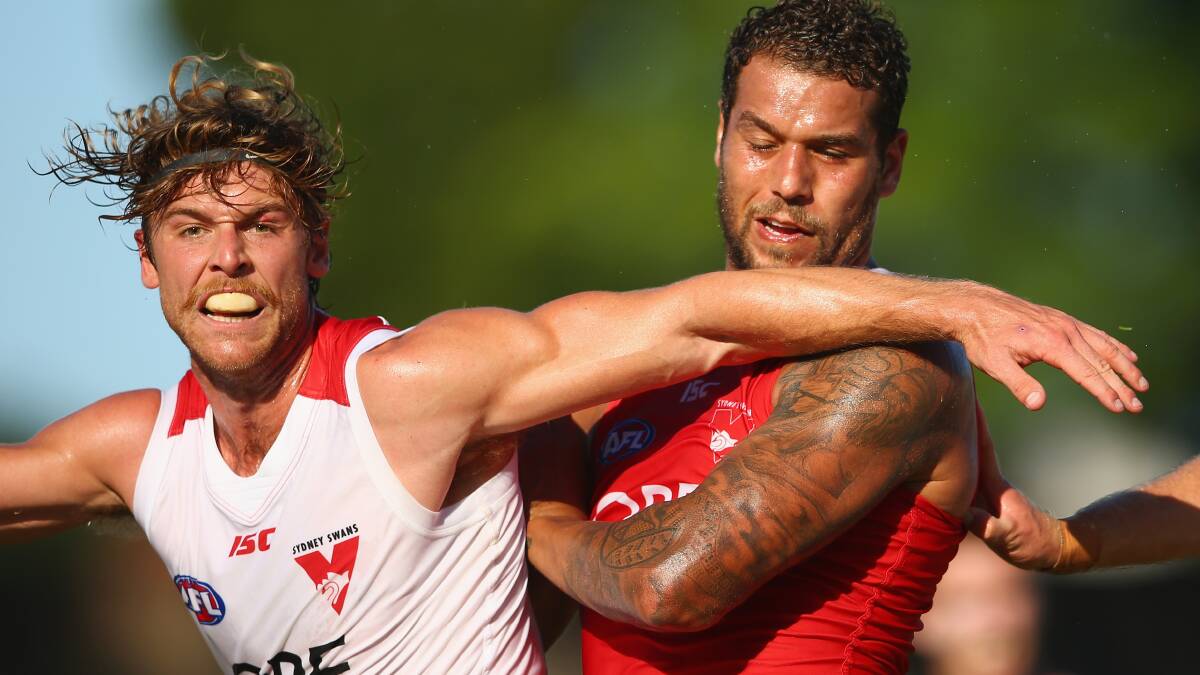 Dane Rampe of the White Team and Lance Franklin of the Red Team compete for the ball during the Sydney Swans AFL intra-club match at Henson Park on February 12, 2016 in Sydney, Australia. Pic: Mark Kolbe/Getty Images