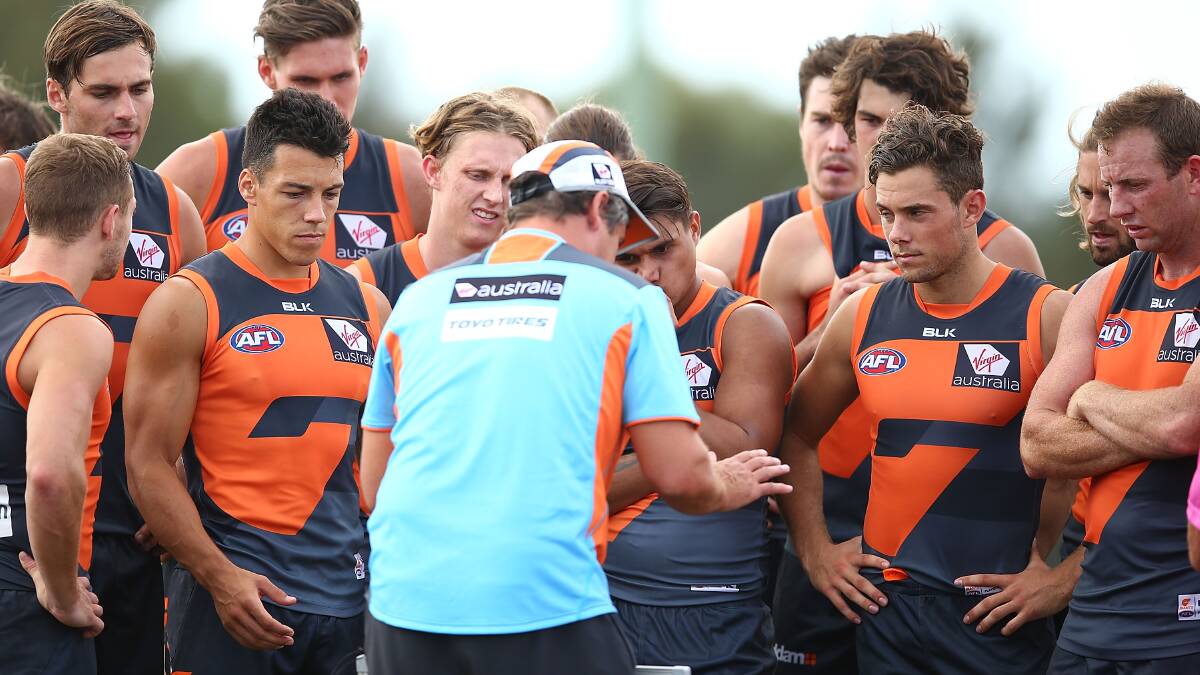 Giants coach Leon Cameron talks to players during three-quarter time during the Greater Western Sydney GIants AFL Intra-Club match at Tom Wills Oval on February 17, 2016. Pic: Mark Metcalfe/Getty Images