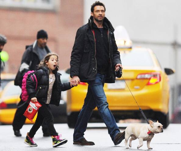 Hugh Jackman is a master of multi-tasking as he walks the dog and takes daughter Ava to school  - here's to the hands on Aussie Dad.