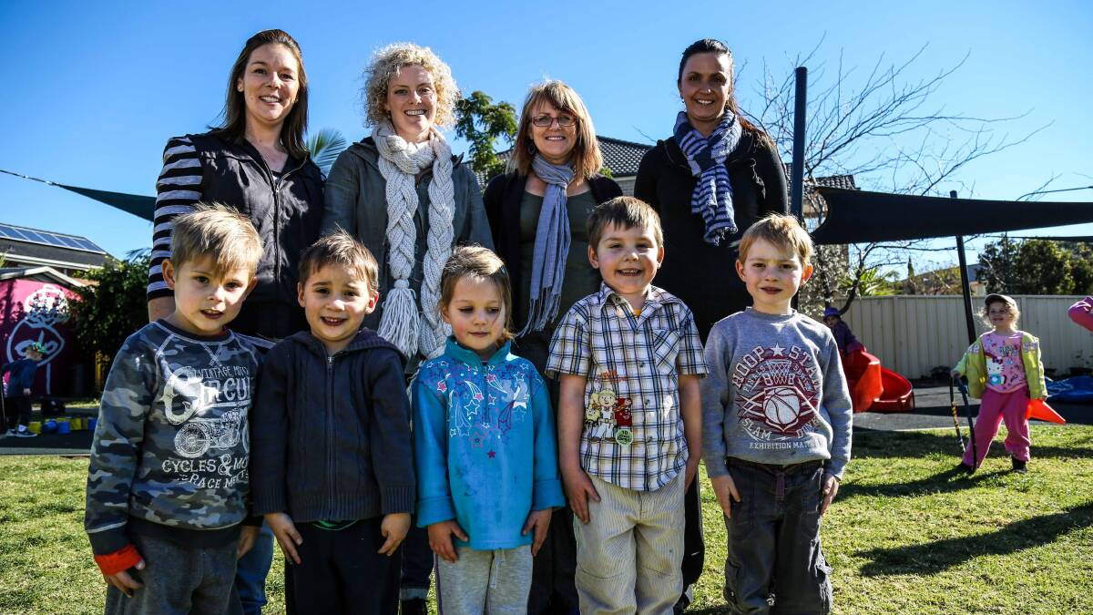 Flinders Preschool teachers Kellie, Jemma, Ursula and Nada with students Phoenix, Callum, Ciara, Lincoln and William. Picture: GEORGIA MATTS