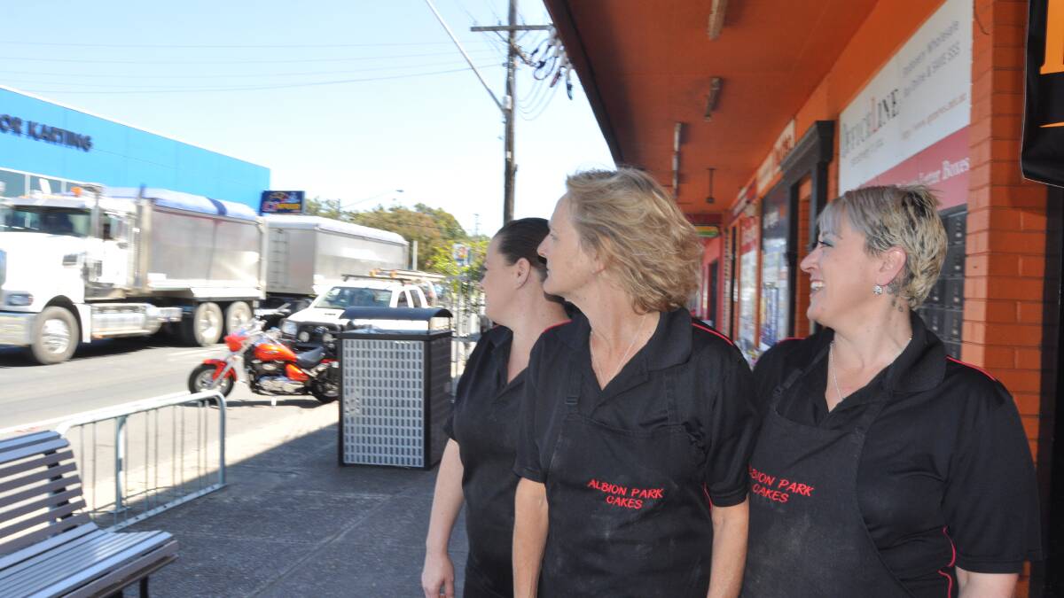 Albion Park Cake shop employees, Mel Schuh, Trish Swan and Katrina Green said almost three times a month someone loses their car door getting out of the car on the highway. Picture Eliza Winkler