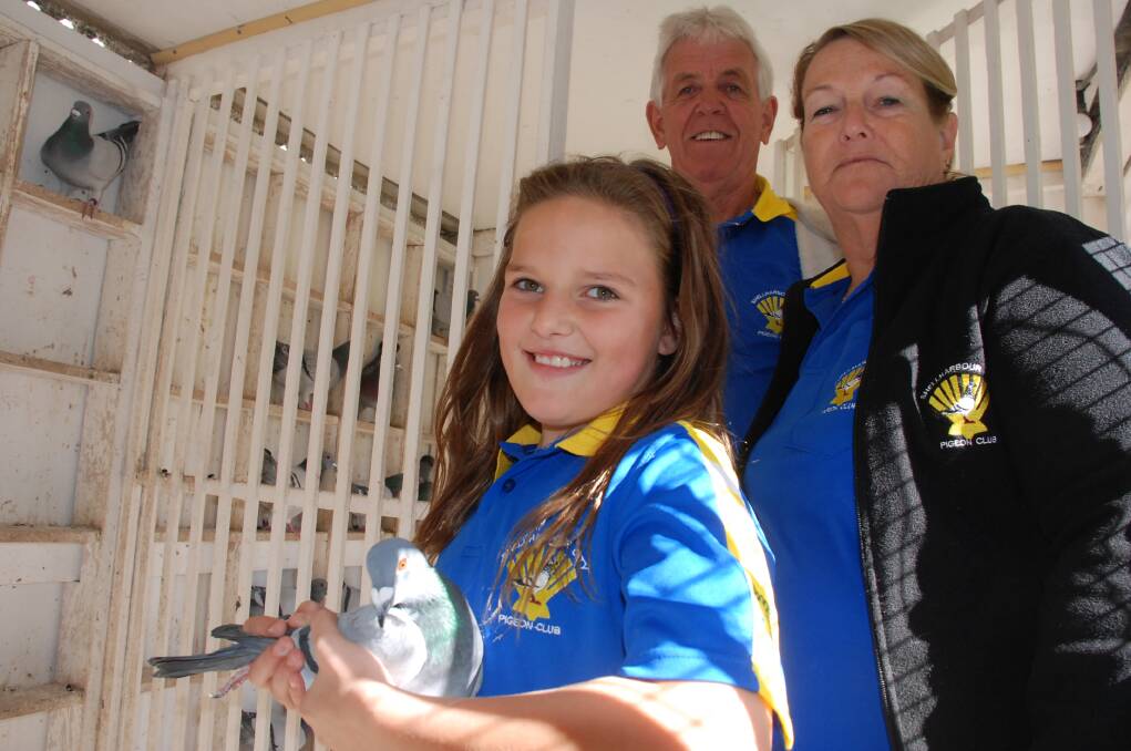 Shellharbour Pigeon Club's youngest member Eryn Foard handles one of the birds, with Paul and Kathy Breeze who celebrate 60 years since the club formed. Picture Eliza Winkler