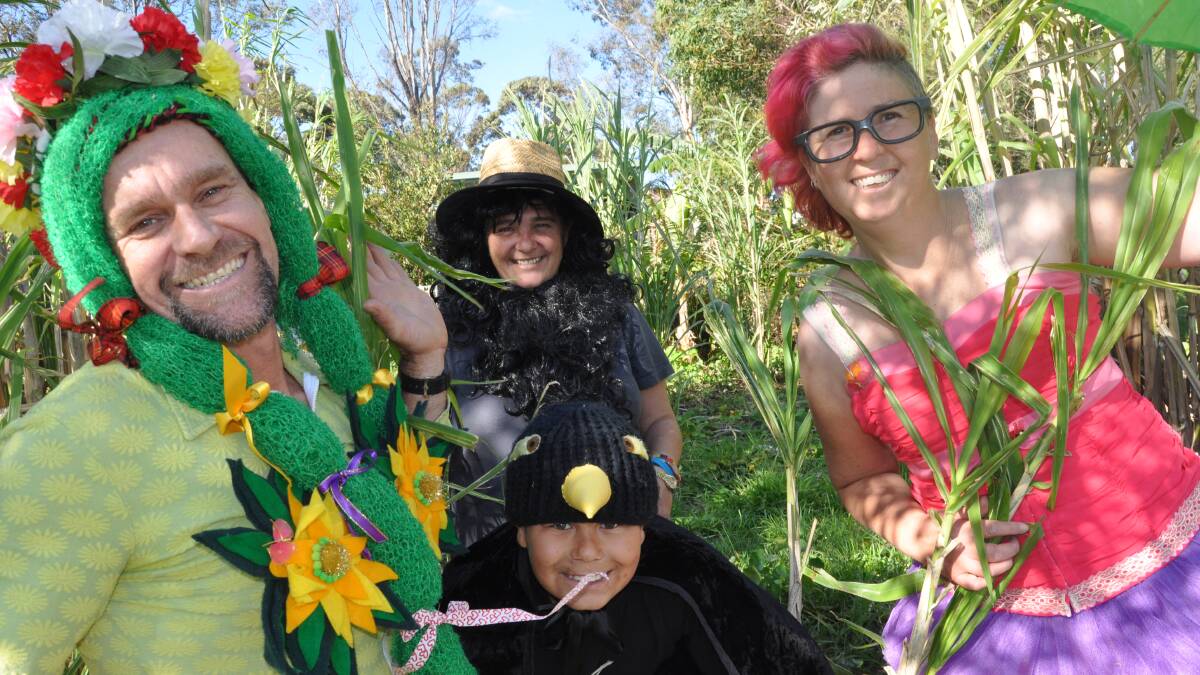 Darren Bell (Mother Nature), Jai Russell (mini-minor bird), Julie Russell (Costas) and Tamar Stanford (Penelopen) are in the cast for the Barrack Heights Community Garden Pantomime. Picture Eliza Winkler