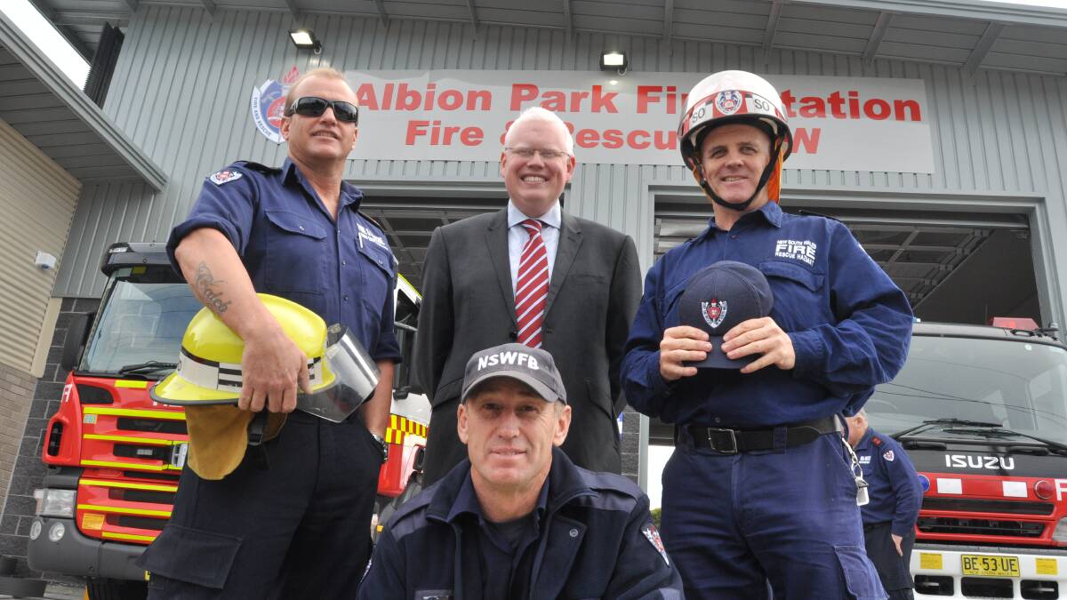 (FROM left) Albion Park Fire Station Commander Dennis Cornell, Kiama MP Gareth Ward, senior firefighter Scott Noakes and senior firefighter Josh Ford opened the doors to the new $2.5 million Fire and Rescue facility at Albion Park on Thursday. Picture Eliza Winkler
