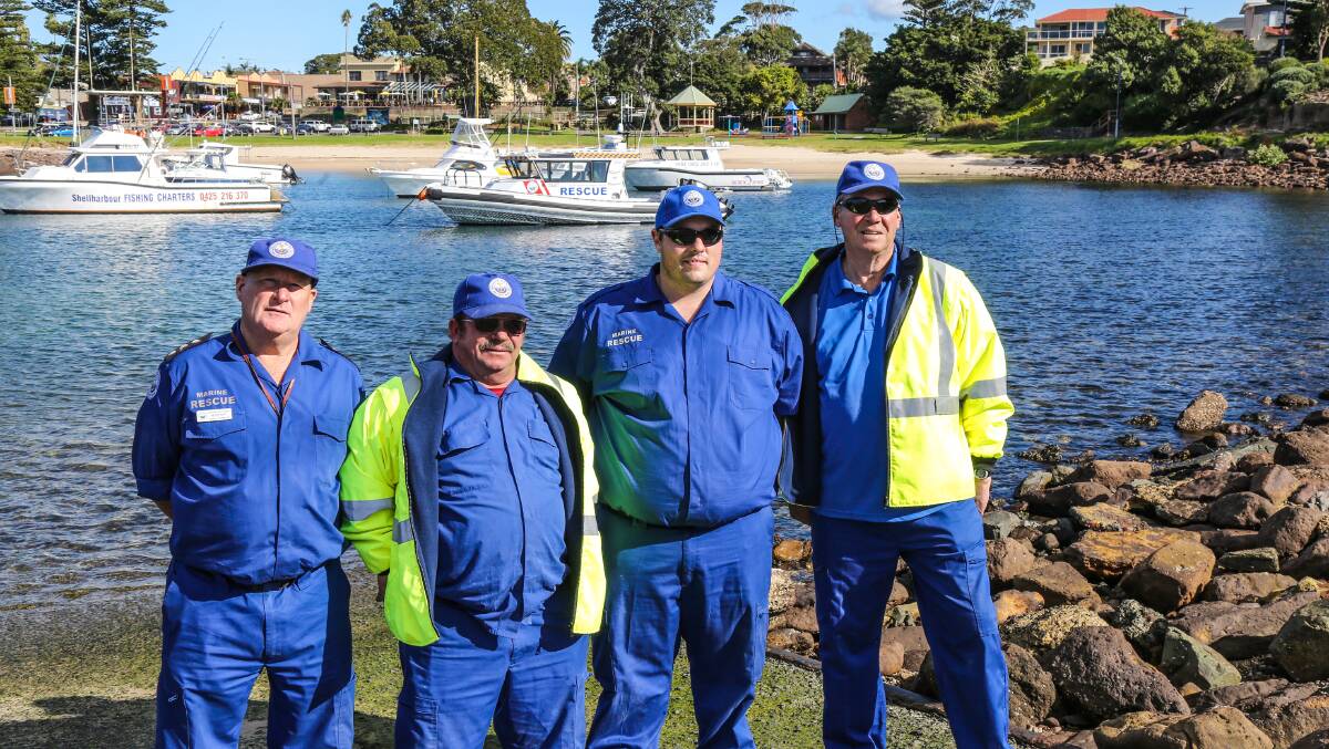 The Shellharbour Marine Rescue Commander Peter Kelf, boat crew Joe Vasconcelos, Stephen Boyd and Skipper Geoff Walls are excited to take charge of their new rescue boat. Picture: GEORGIA MATTS