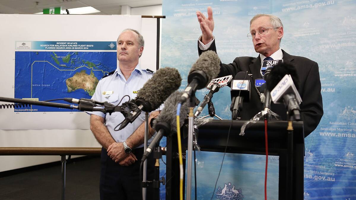 Australian Maritime Safety Authority Emergency Response Division general manager John Young speaks to the media with Director General Military Strategic Commitments John McGarry. Pic: Getty Images.