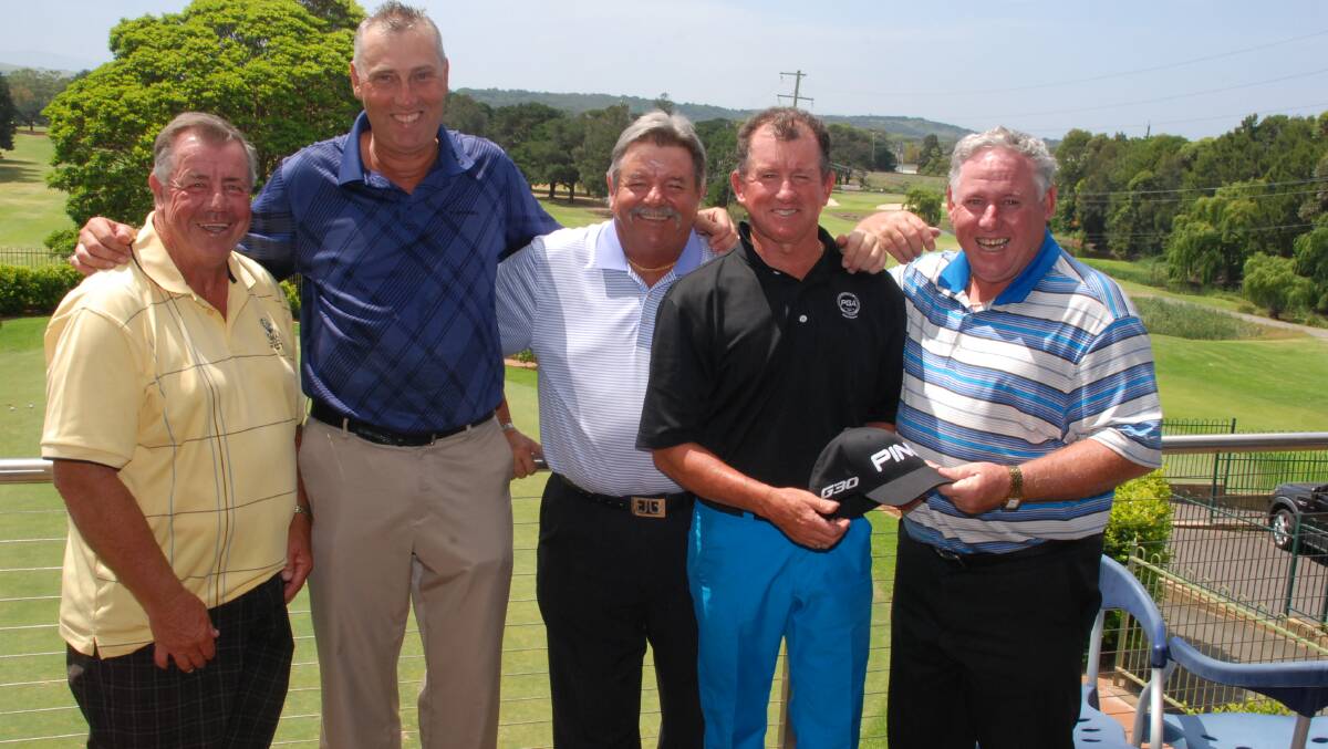 Kiama Golf Club member Geoff Ward with legends Michael Harwood, Roger Davis, Kiama Golf Club pro Shawn O’Toole and legend David Merriman. Picture: DAVID HALL