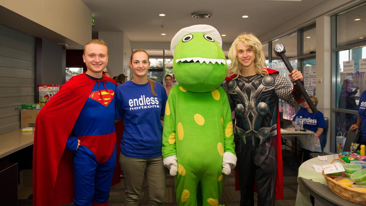 Photo of Jason Novak (Superman), Natalie Dragovic, Eli Tilocca (Dorothy the Dinosaur) and Jamie Novak (Thor).