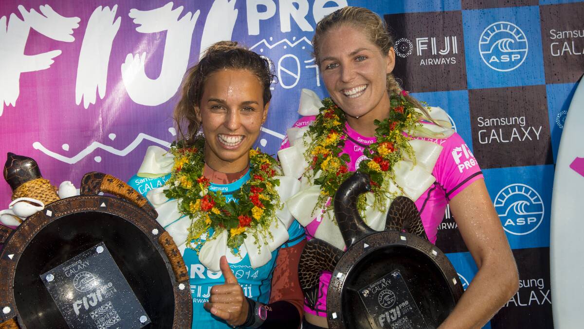 Fiji Women's Pro winner Sally Fitzgibbons and runner-up Stephanie Gilmore at the trophy presentation. Picture: ASP/Robertson