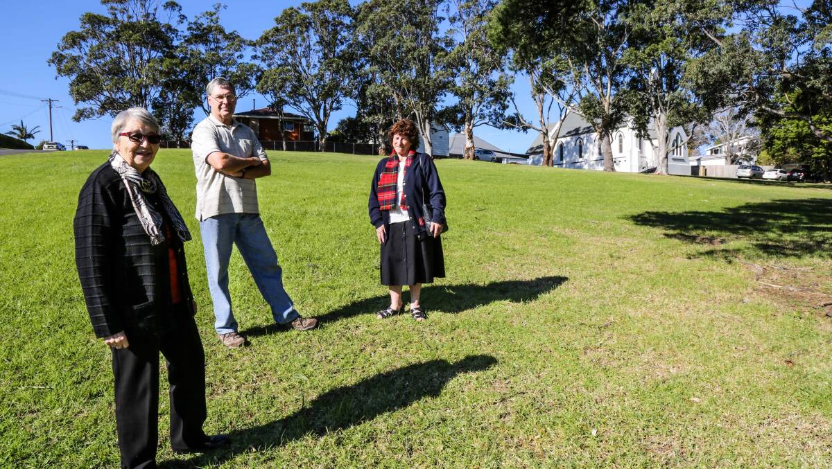 Gerringong residents Margaret Sharpe, David Hindmarsh and Alma Macpherson are against council's proposed change of land classification, in Fern St, Gerringong. Picture: GEORGIA MATTS