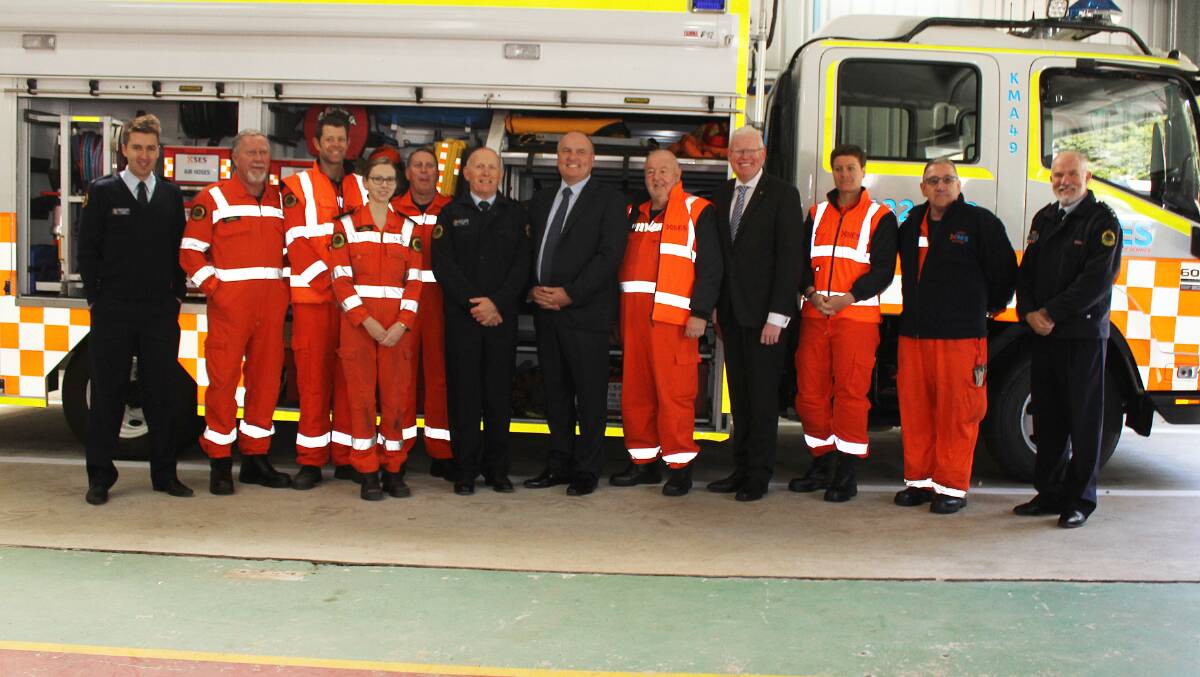 Kiama SES members joined by NSW Minister for Emergency Services David Elliott and Member for Kiama, Gareth Ward at the Kiama SES headquarters on Tuesday. Picture: DAVID HALL