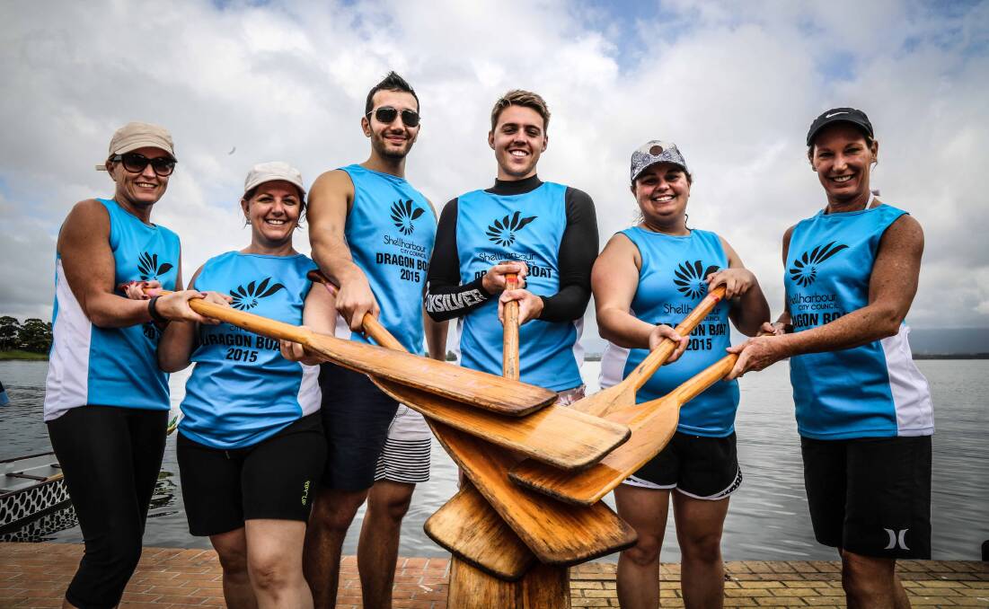 Joanne Crandell, Justine Ledwidge, Muhammed Zengin, Tyson Perry, Aimee Gutierrez and Jenny Davies from the Shellharbour City Council team took to the Dragon Boat race. Picture: GEORGIA MATTS