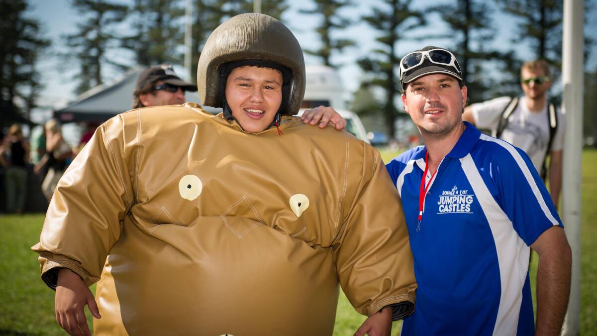 Sumo wrestler Lachlan Guevara and referee Terry Mitchell.
