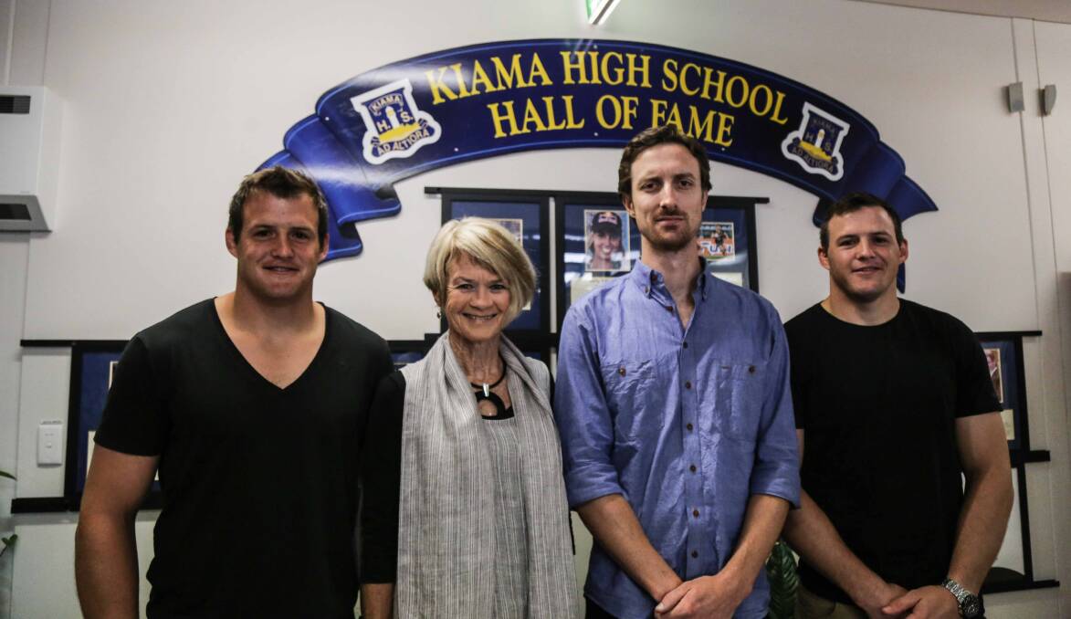 Pictured at Kiama High School are Hall of Fame inductees Josh Morris, Erin Martin's mother Colleen Martin, Trent Jansen and Brett Morris. Sally Fitzgibbons was absent. Picture: GEORGIA MATTS