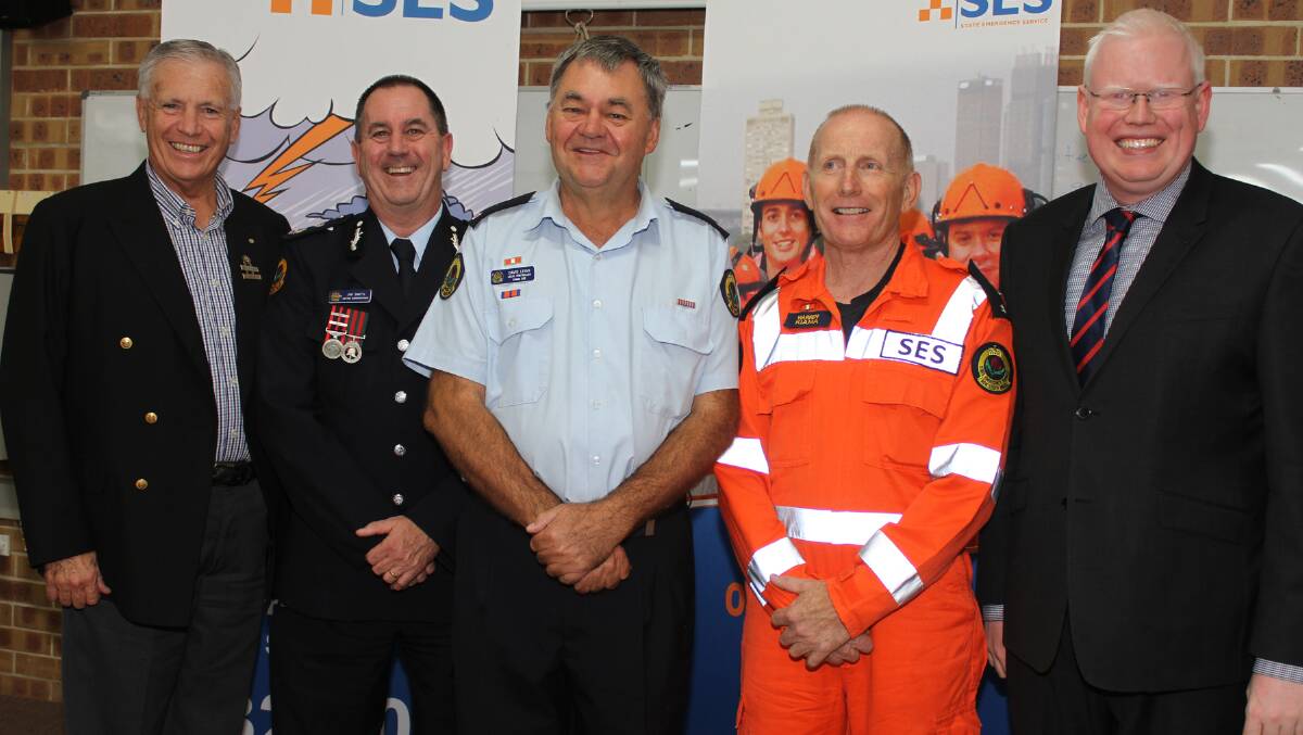 Kiama Mayor Brian Petschler, acting SES NSW commissioner Jim Smith, outgoing Kiama SES controller David Leigh, incoming controller Warren Turner and Member for Kiama Gareth Ward. Picture: DAVID HALL
