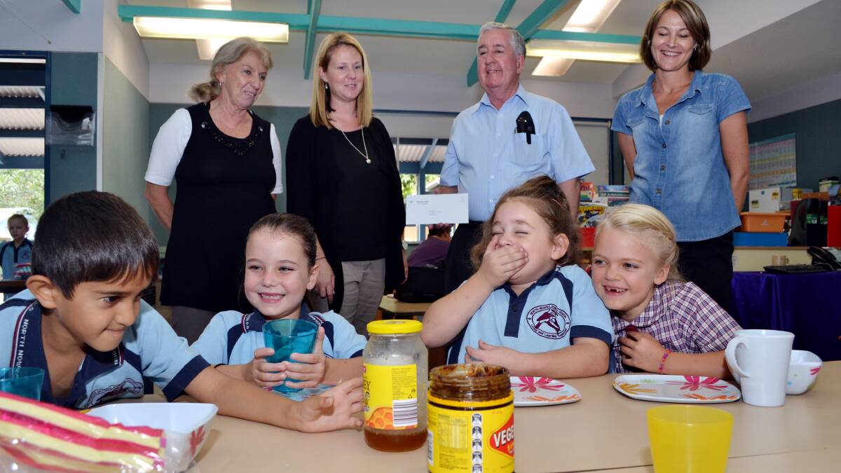NOWRA: North Nowra Public School principal Julie Ashby, breakfast club co-ordinator Bronwyn Payne, Brian Hanley from Manildra and breakfast club co-founder Rae Thomson with students Tommy Ganatra, Lenai Spender, Danielle Molloy and Layla Volpatti are excited at the financial boost given to the school’s breakfast club.