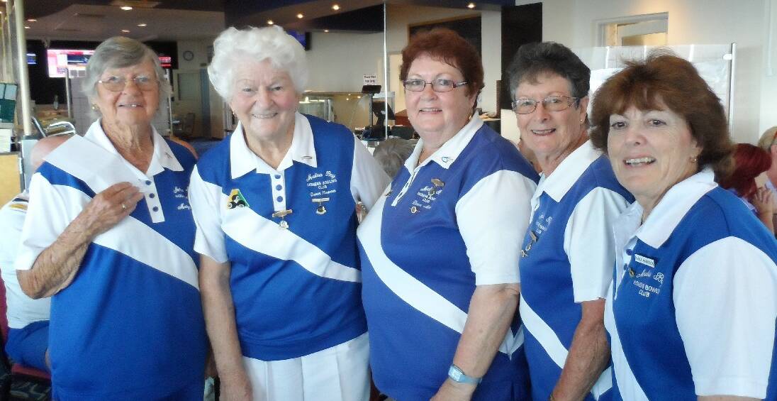 TUROSS: Far South Coast Ladies and the South Coast Men joined together to play, the Mixed Patrons Day at Tuross Head Bowling Club. Pictured are winning Malua Bay ladies Margaret Sharp, patron Gwen Rowan, Di Mooy, Bess Holloway and Paula Hancock. 