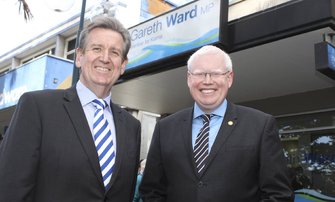 Mr O'Farrell (left) and Mr Ward at the opening of Mr Ward's electorate office in Kiama last year.  Pictures: DAVID HALL