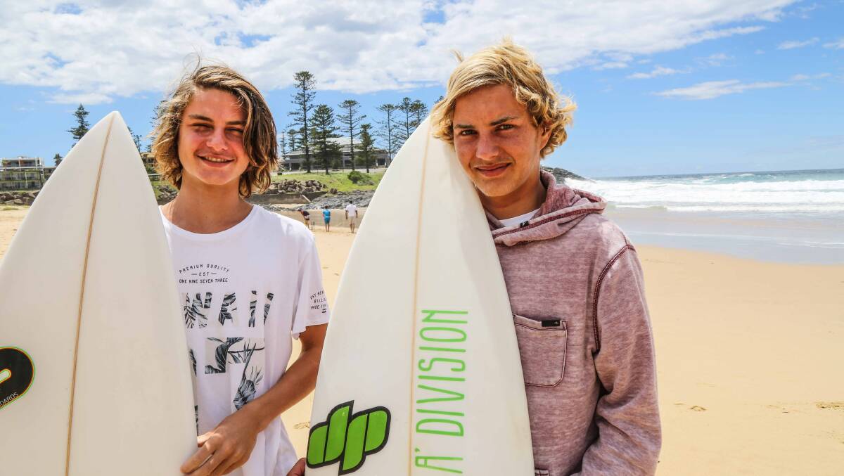 Teenage surfers Kade Mace and Daniel Blomley saved a young woman who was in danger of drowning at Surf Beach last week. Picture: GEORGIA MATTS