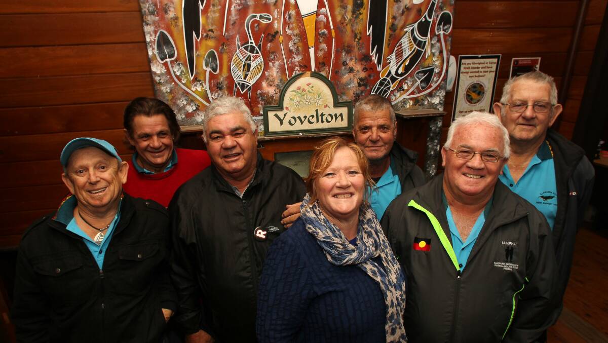 Illawarra Men’s Group members Uncle Gerald Brown, Uncle Brian Green, and Uncle Stewart Luland with Shellharbour Mayor Marianne Saliba at Yovelton House in Albion park. Picture Eliza Winkler