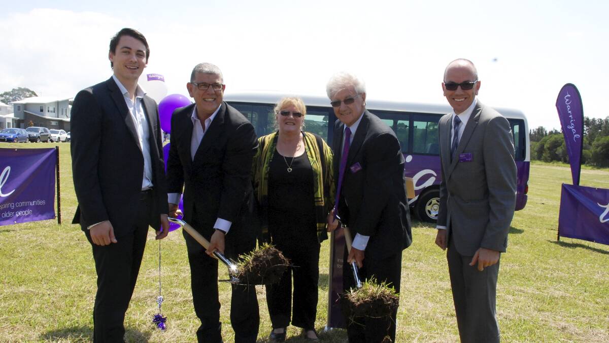 Liberal candidate for Shellharbour Mark Jones, Minister for Ageing, Disability Services and the Illawarra John Ajaka, Shellharbour mayor Marianne Saliba and Warrigal Care Chairman Alan Hardy and CEO Mark Sewell at the sod-turning to launch the new Shell Cove Aged Care facility. Picture: DAVID HALL 