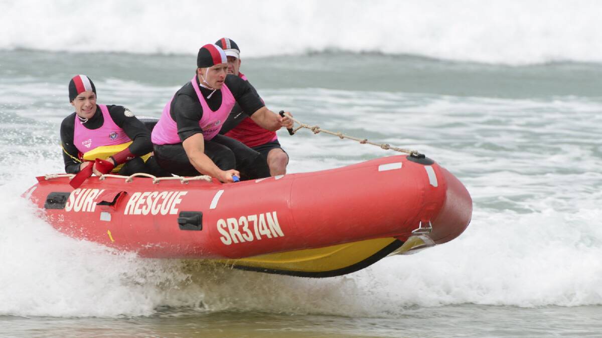 The Kiama Downs IRB team on their way to another victory as part of their third straight Surf Life Saving NSW IRB premiership. Picture: DARRYL BULLOCK 