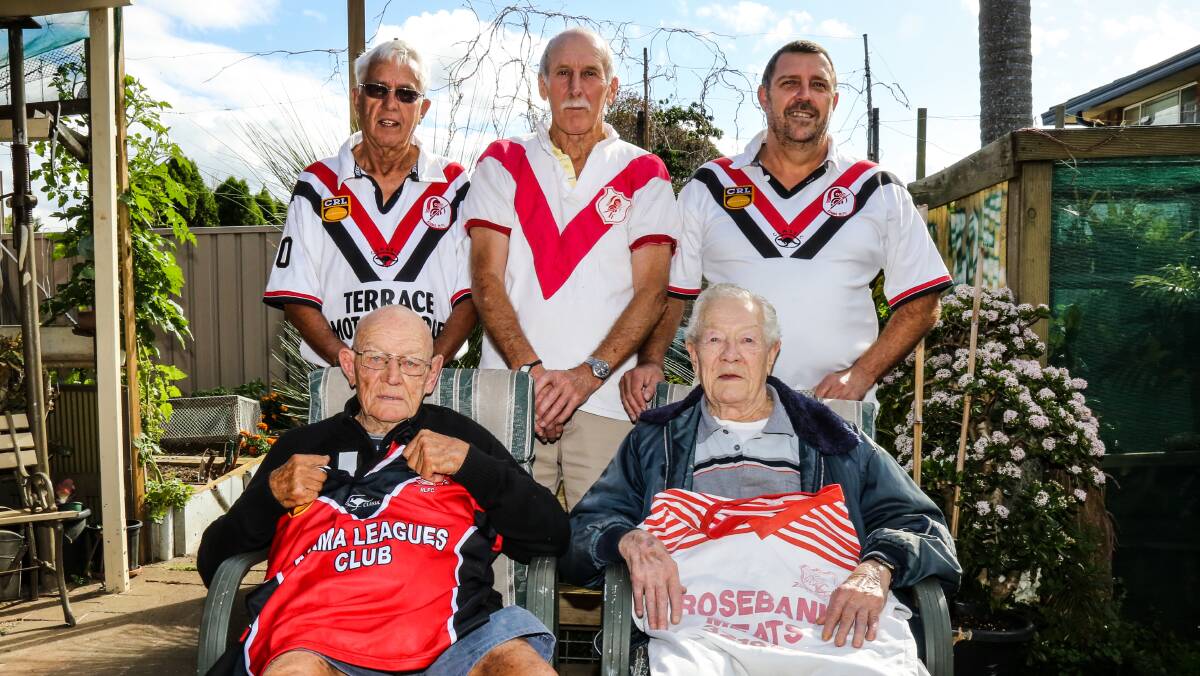 Kiama Knight's centenary committee members Glenn Moran, Ron Smith, Tom Laurie with former Knights players Arthur and Ray Hall. Picture: GEORGIA MATTS