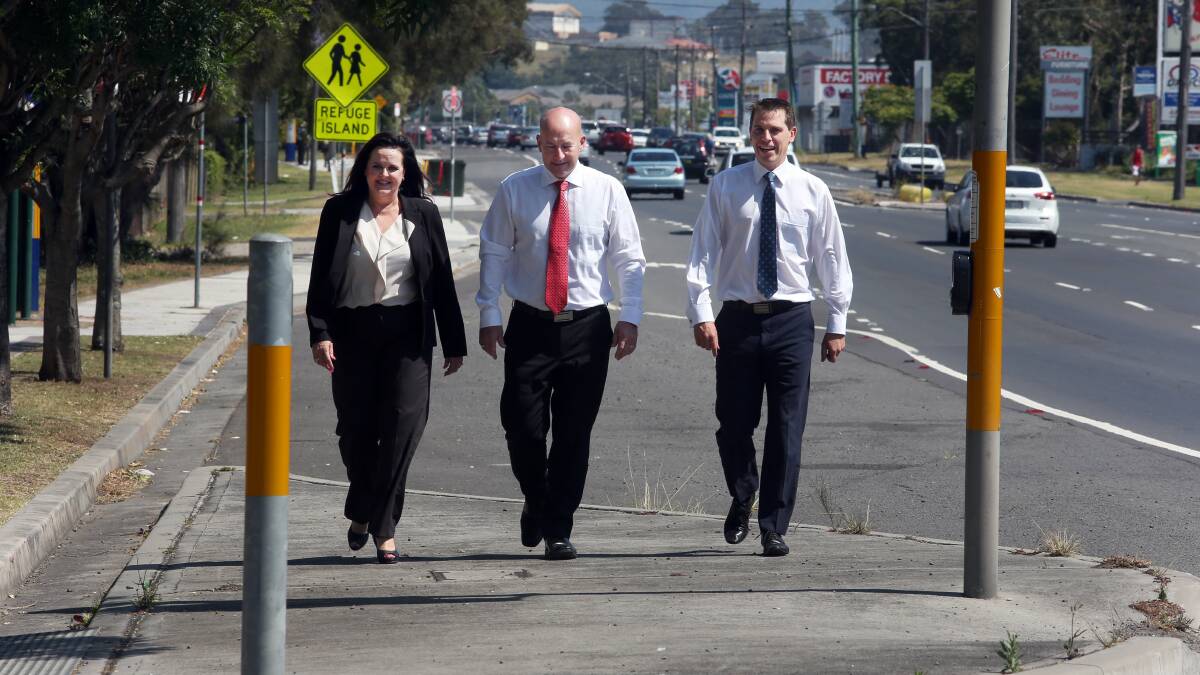 Member for Shellharbour Anna Watson, Opposition Leader John Robertson and Member for Keira Ryan Park at the Princes Highway at Albion Park Rail last year.