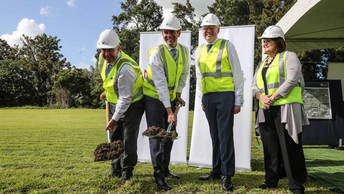 Duncan Gay, Premier Mike Baird, Gareth Ward and Shelley Hancock opening the works to the new Berry Bypass. Picture: GEORGIA MATTS
