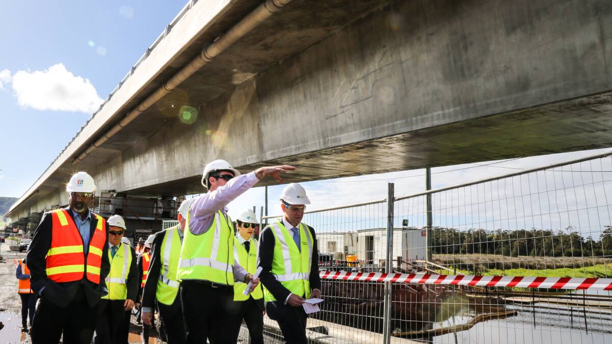 Premier Mike Baird tours the bypass work in Gerringong today. Picture: GEORGIA MATTS