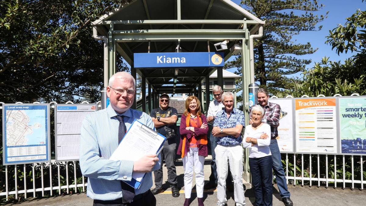 Member for Kiama Gareth Ward joined commuters Bob Johnston, Lynne Strong, Bill Simpson, Tim Billington, Robyn Brown and Leo Fedder to launch a petition to increase the number of seats and carriages on the 4.24pm service from Central Station to Kiama Station. Picture: GEORGIA MATTS