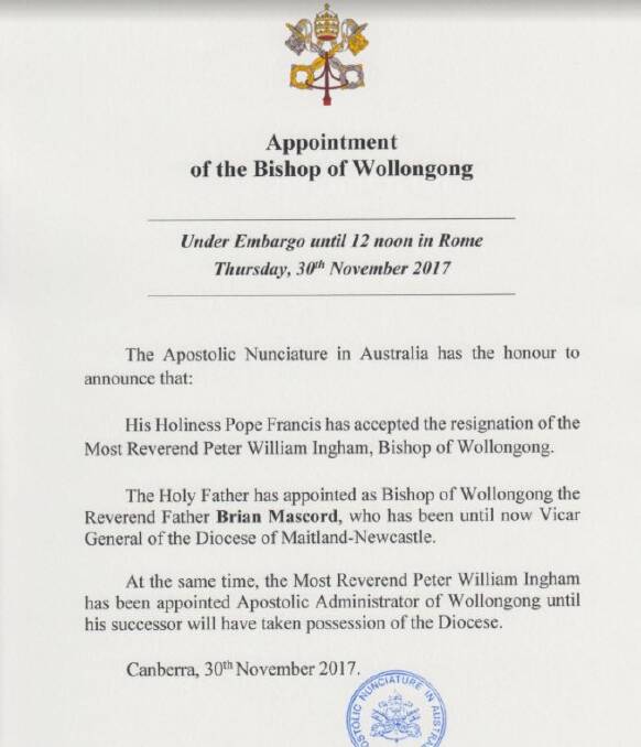 Diocese of Wollongong has a new Bishop announced by Pope Francis from the Vatican overnight