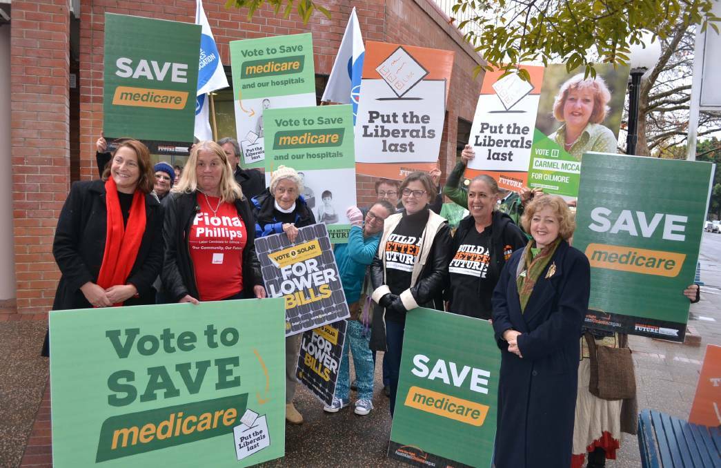 Labor candidate for Gilmore Fiona Phillips (far left) and Greens' hopeful Carmel McCallum (right) on the Medicare campaign trail in Nowra just prior to the July 2 election. Picture: South Coast Register