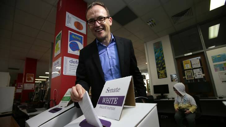 Greens member for Melbourne Adam Bandt casts his vote at Mt Alexander College polling booth. Photo: Justin McManus
