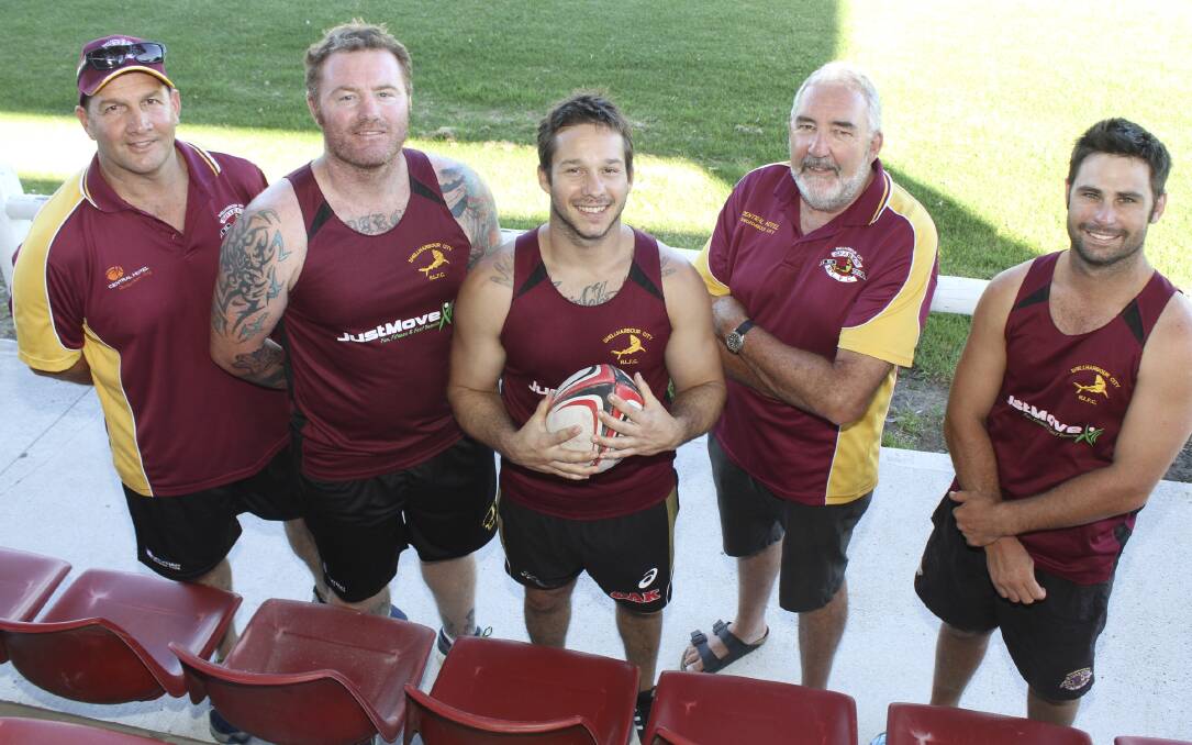 Shellharbour City Sharks coach David Walsh, Craig Stapleton, captain Hans Schuster, president Allan Cody and Aaron Carney at training last Friday. Picture: DAVID HALL