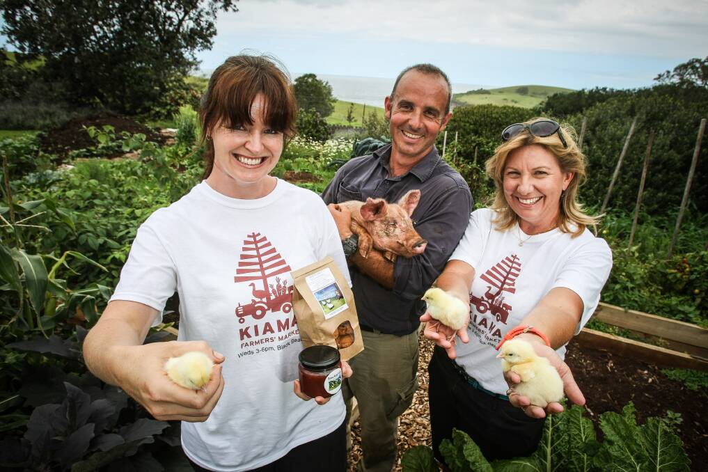 Gerringong farmers Fiona Weir Walmsley and Adam Walmsley are looking forward to the inaugural Kiama Farmers Market next Wednesday. They are pictured with market manager Tricia Ashelford. Picture: DYLAN ROBINSON