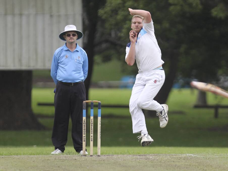 Gerringong-Jamberoo opening bowler Angus Skorulis in action on Saturday where he also top-scored for his side batting at No 11. Picture: DAVID HALL