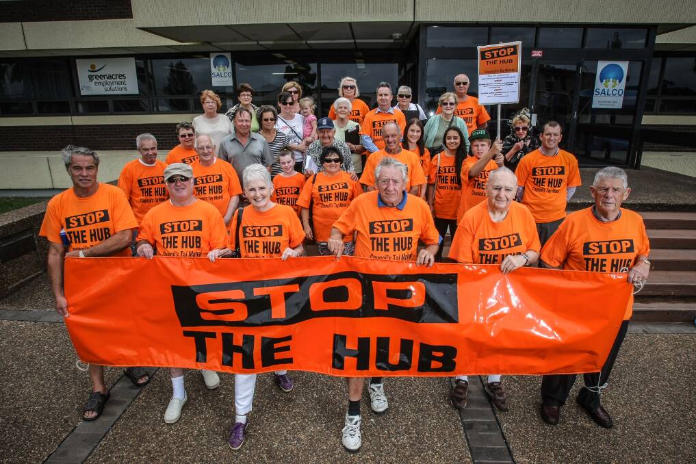 Diane Quinlin and other residents are hosting "stop the hub" stalls and have a petition. The group is pictured in front of the old council chambers. Picture: DYLAN ROBINSON