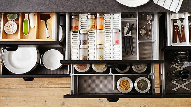 Maximise space by de-cluttering your kitchen and go for space-saving solutions in cabinets and drawers. Photo: Ikea