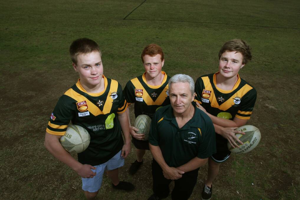 Stingrays players Ben Cotter, Stephen Robinson and Blake Bowman with coach Peter Ellis last week.The club will be nominating an under-18 teams for the first time in 2013. Picture: DYLAN ROBINSON