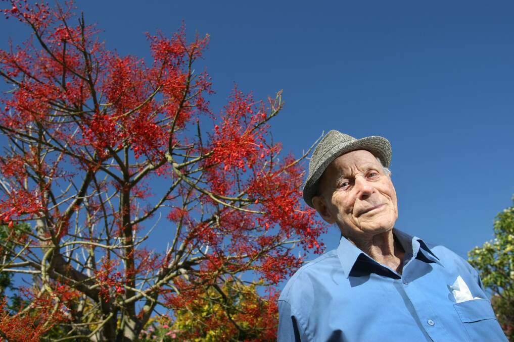 Neil Hawkins with the Illawarra flame tree in his garden. Picture: DYLAN ROBINSON