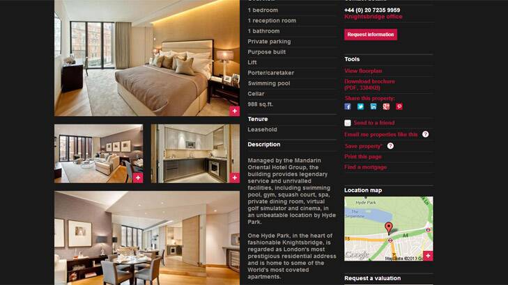The online ad for the one-bedroom apartment at One Hyde Park. Photo: Strutt & Parker screengrab