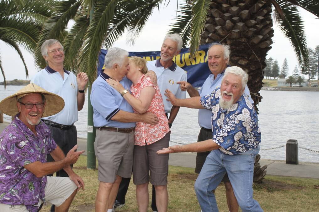 Ken and Carolyn Magnus get in some practice before the Guiness Book of Records attempt at the upcoming AutumnFest with some cheers from Minnamurra Lions Club members Roger Milburn, Ken Horspool, Dennis McColl, John Knox and president Geoff Shoard. Picture: DAVID HALL