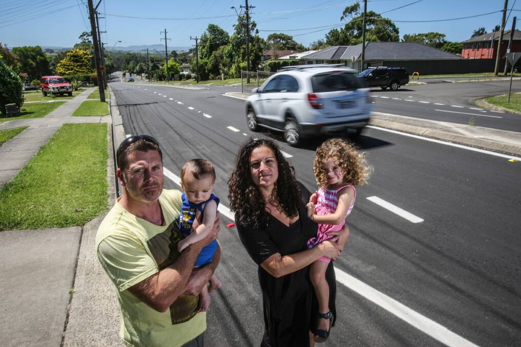 Jessica Arroyo, pictured with her partner, Matt Counsell, son Mikky, 7 months, and daughter Libby, 3, is concerned about pedestrian safety on Riverside Drive due to speeding drivers. Picture: DYLAN ROBINSON
