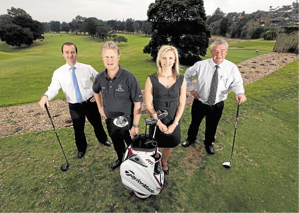 Kiama Golf Club General Manager David Rootham with club pro Greg Drummond and Wilsons Holden's Jodie Tory and Graeme Medcalf. Photo Dylan Robinson