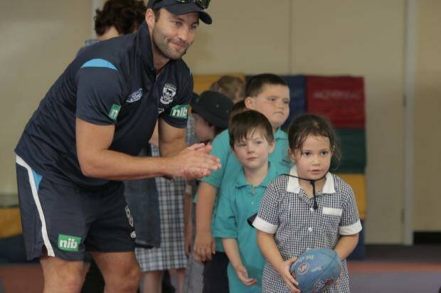 Fronting up: Geelong champion Jimmy Bartel has some tips for Warrnambool West Primary pupils. Photo: Rob Gunstone