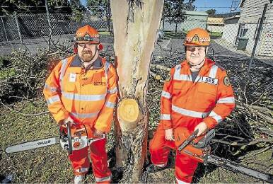 Storm Safe Week runs from September 2-8, and the Shellharbour City SES are reinforcing key messages about storm safety. Pictured are Brad Irwin with community engagement co-ordinator Richard Hart. Picture: DYLAN ROBINSON