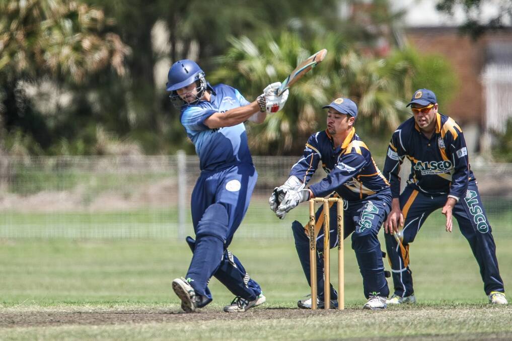 Gerringong/Jamberoo lower-order batsman Callum Houghton-Smith plays an agricultural shot during Saturday's clash with Lake Illawarra. Picture: DYLAN ROBINSON
