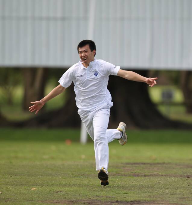 Lake Times. Kiama Independent. Sport. Shellharbour bowler Ken Nguyen celebrates after getting a hat trick during his debut match against Jamberoo Gerringong. 11/10/2012 Photo Dylan Robinson/DCZ